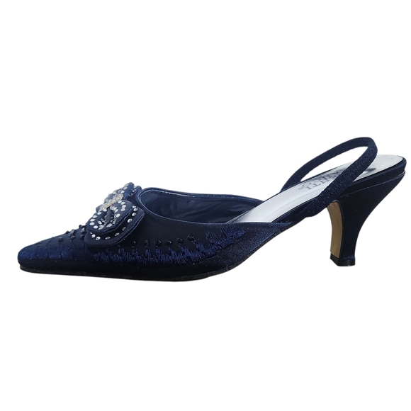 Valenti Franco Midnight Blue Embellished Heels Size 8 Pointy Toe Kitten Heels - Picture 1 of 9